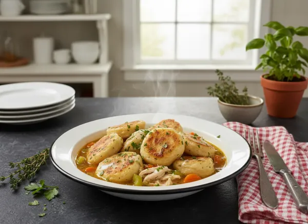 Classic Homestyle Chicken and Dumplings — Overhead view