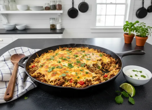 One-Pan Cheesy Beef Taco Skillet — Overhead view