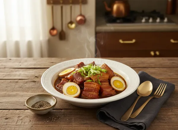 Authentic Thit Kho Tau (Vietnamese Braised Pork Belly and Eggs) — Overhead view