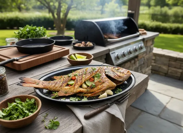Caribbean-Style Whole Grilled Red Snapper — Overhead view