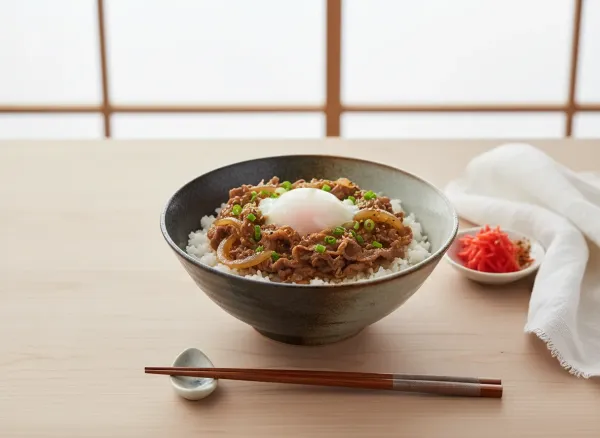 Classic Japanese Gyudon (Beef Bowl) — Overhead view