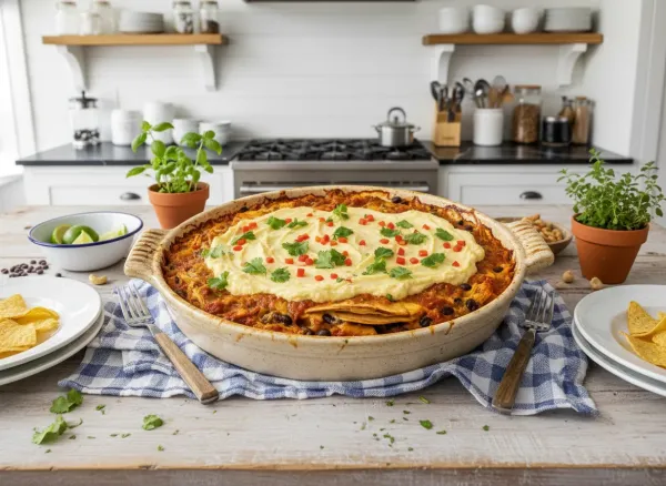 Creamy Dairy-Free Chicken Enchilada Casserole — Overhead view