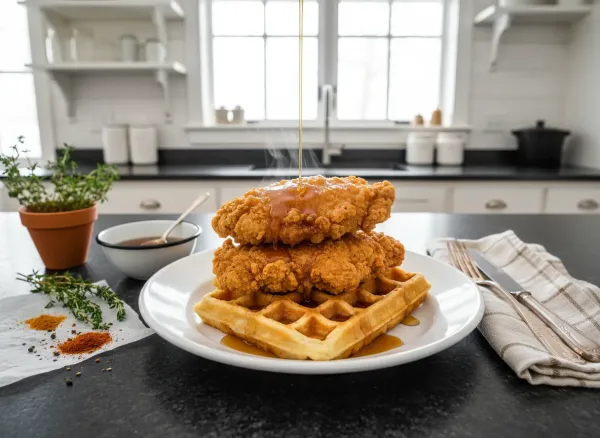 Buttermilk Fried Chicken and Waffles — Overhead view