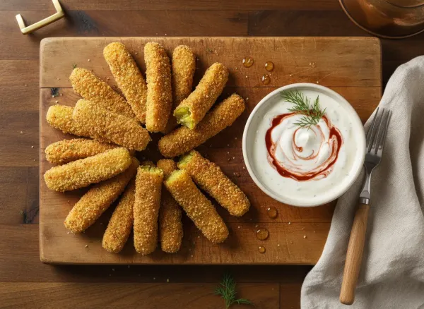 Air-Fried Pickle Spears with Spicy Sriracha Ranch — Overhead view