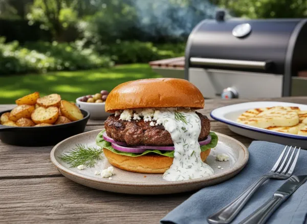 Greek-American Lamb & Beef Smashburger — Overhead view