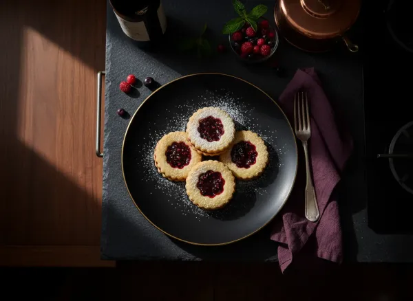 Classic Almond Flour Linzer Cookies with Mixed Berry Jam — Overhead view