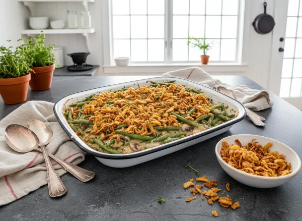 Classic Scratch-Made Green Bean Casserole — Overhead view