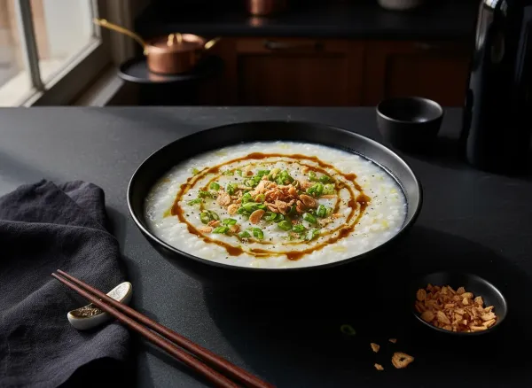 Savory Scallion and Ginger Congee — Overhead view