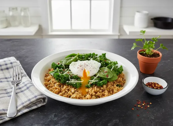 Savory Quinoa & Greens Breakfast Bowl — Overhead view