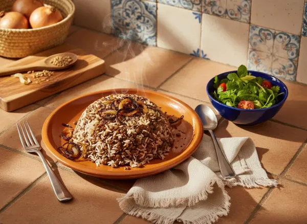 Authentic Lebanese Mujadara — Overhead view