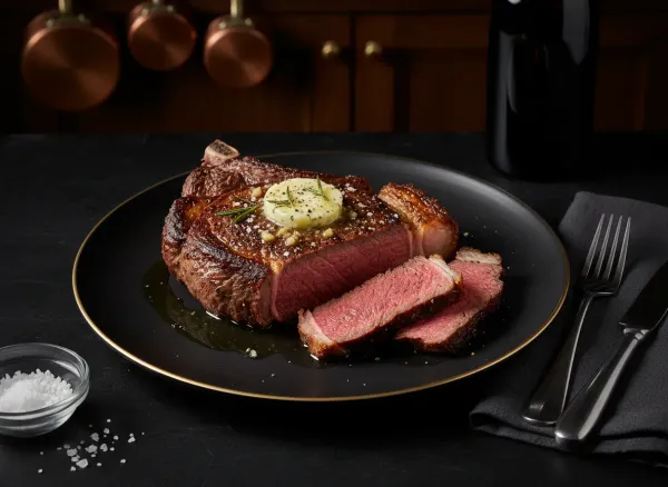 Reverse-Seared Bone-In Ribeye Steak — Overhead view