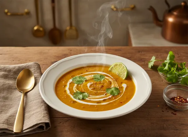 Spiced Pumpkin and Red Lentil Soup — Overhead view