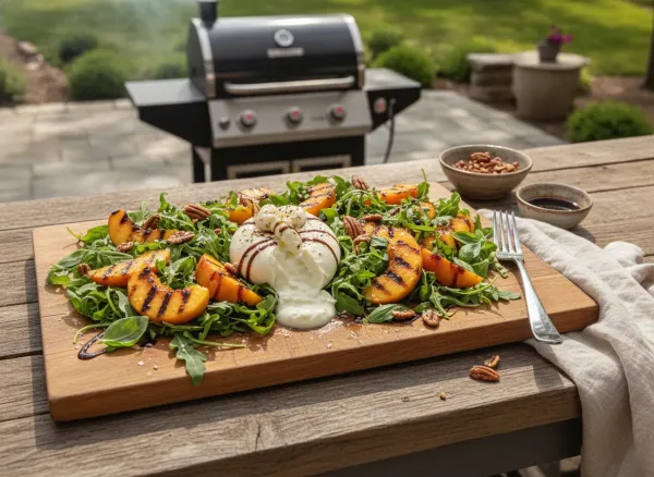 Grilled Peach and Burrata Salad — Overhead view