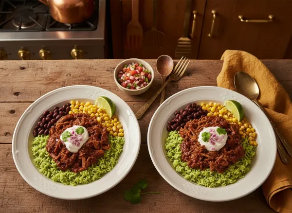 Slow-Cooker Chipotle Barbacoa Burrito Bowls — Overhead view