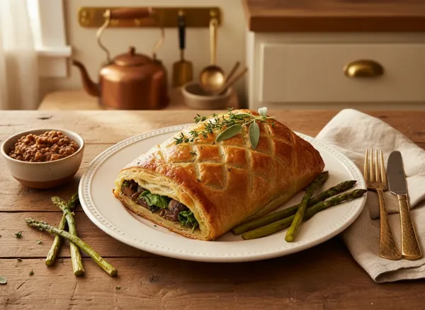 Vegan Mushroom and Spring Vegetable Wellington — Overhead view