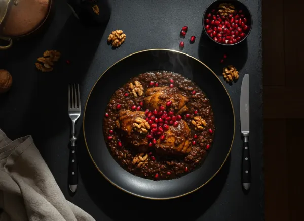 Authentic Persian Fesenjan (Pomegranate Walnut Stew) — Overhead view