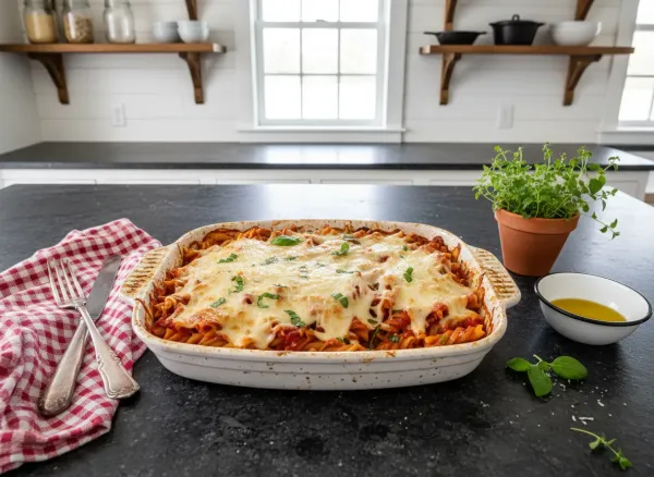 Hidden Veggie Baked Ziti — Overhead view