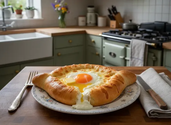 Georgian Khachapuri Adjaruli — Overhead view