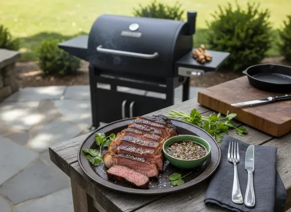 Authentic Brazilian Grilled Picanha with Cilantro-Garlic Chimichurri — Overhead view