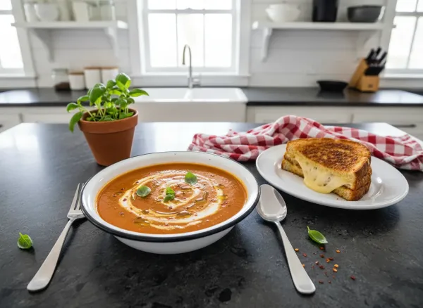 Creamy Roasted Tomato Basil Soup — Overhead view