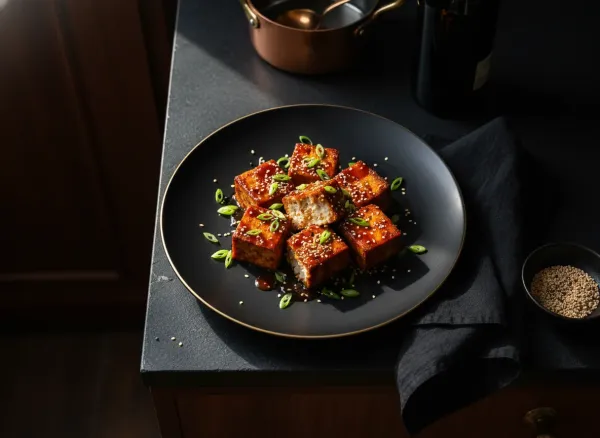 Gochujang-Sesame Marinated Crispy Tofu — Overhead view