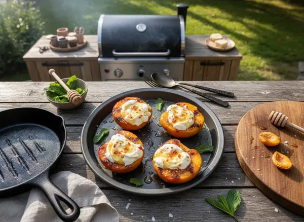 Grilled Peaches with Mascarpone and Fermented Hot Honey — Overhead view