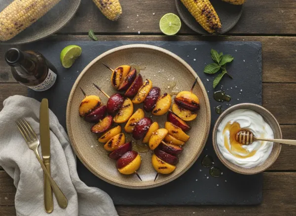 Grilled Peach & Plum Skewers with Hot Honey Yogurt Dip — Overhead view