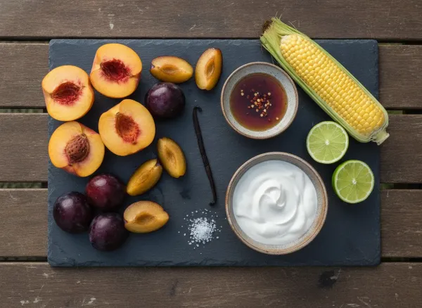 Grilled Peach & Plum Skewers with Hot Honey Yogurt Dip — Ingredients view