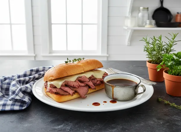Classic French Dip Sandwich with Savory Au Jus — Overhead view