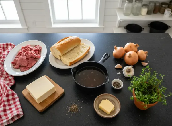 Classic French Dip Sandwich with Savory Au Jus — Ingredients view