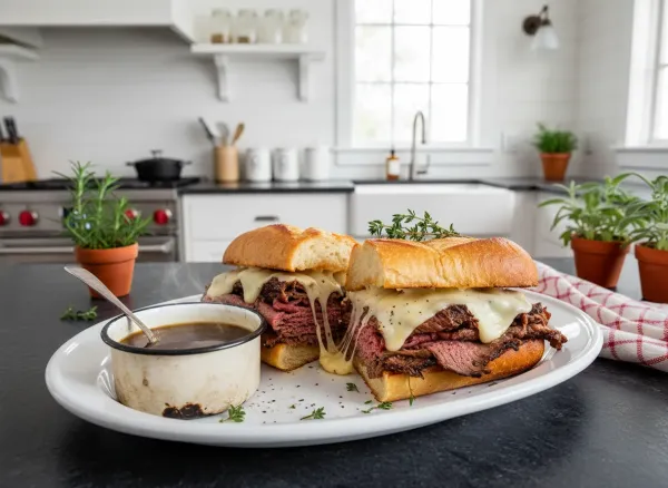 Classic French Dip Sandwich with Savory Au Jus — Alternate view