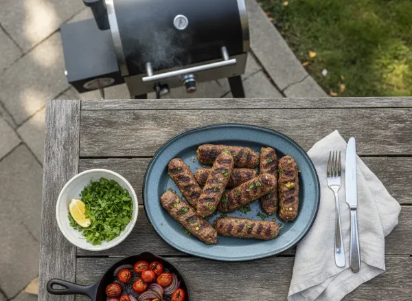 Grilled Lamb Kofta Skewers — Overhead view