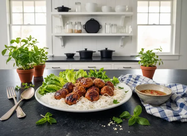 Quick 30-Minute Bun Cha (Vietnamese Pork Meatballs with Noodles) — Overhead view