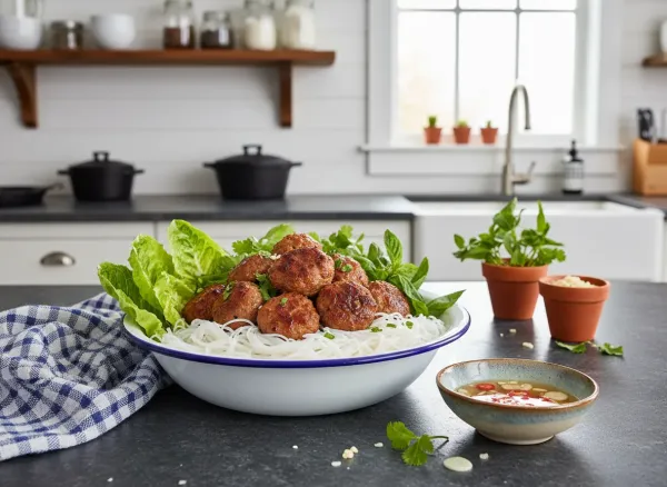Quick 30-Minute Bun Cha (Vietnamese Pork Meatballs with Noodles) — Alternate view