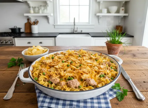 Classic American Tuna Noodle Casserole — Overhead view